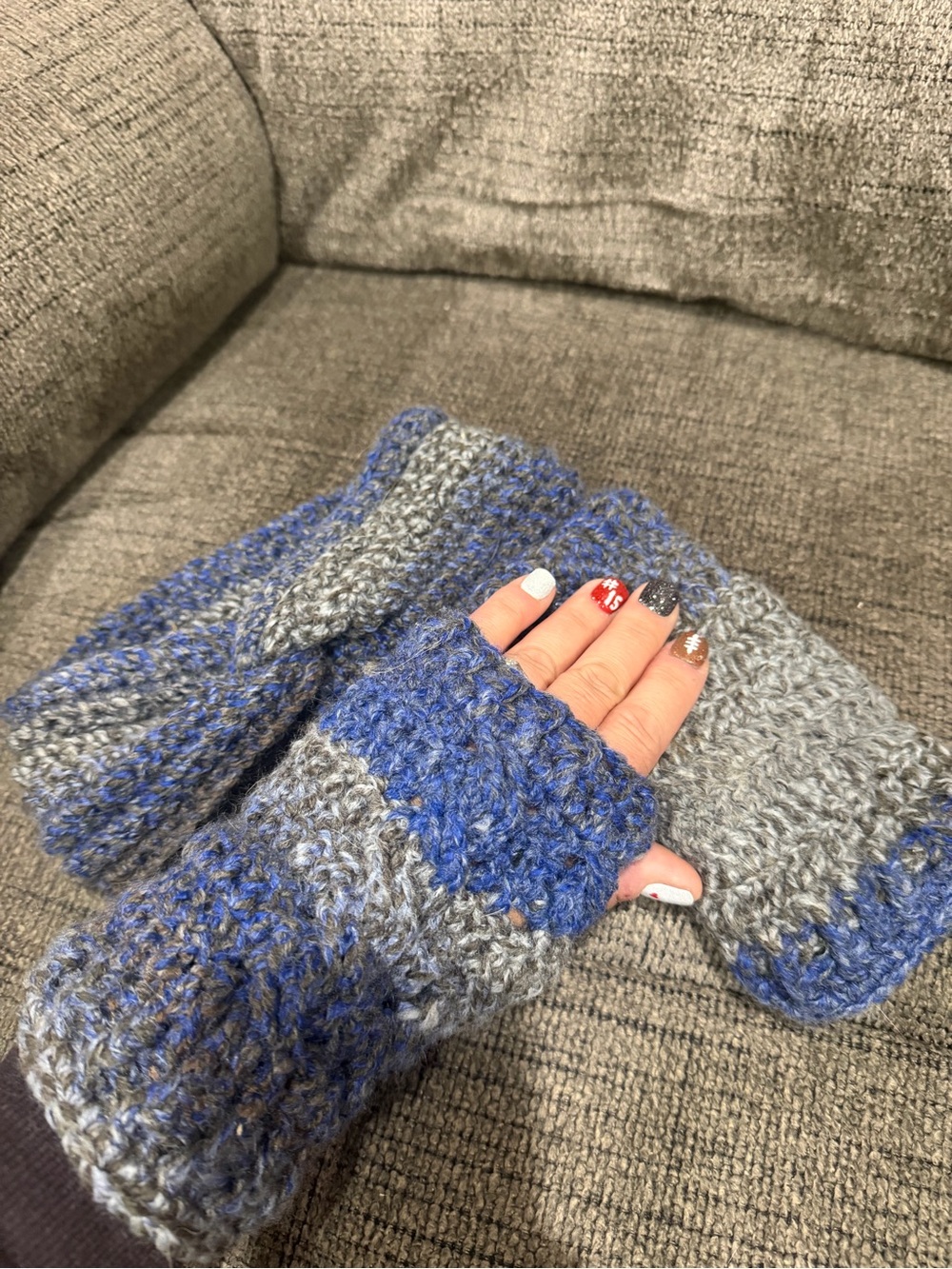 Handmade Blue & Gray Fingerless Knit Gloves
